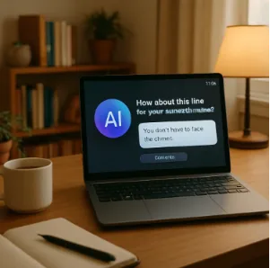 A cozy home office showing a sleek 2026 laptop screen where an AI interface is suggesting a dialogue line for a dramatic scene, illustrating the 'creative partner' concept.