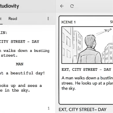 The Studiovity interface showing a script on the left and a digital storyboard panel on the right.