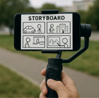 A hand holding a smartphone on a gimbal, with an overlay showing a digital storyboard being updated in real-time.