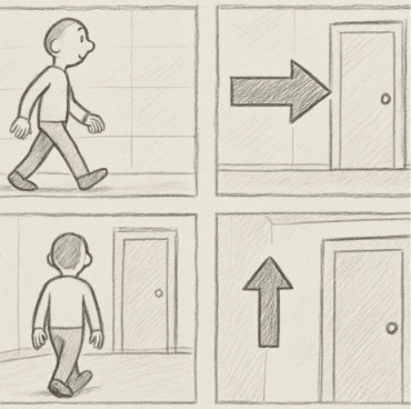 A simple storyboard drawing of a person walking toward a door, with a large arrow pointing in their direction of travel and a smaller arrow indicating the camera is tilting up.