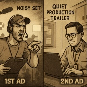 A split-screen style illustration showing a 1st AD on a noisy set shouting instructions, and a 2nd AD in a quiet production trailer working on a laptop.