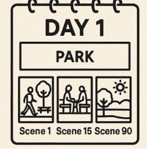 A simple calendar layout showing 'Day 1' with scenes 1, 15, and 90 grouped together because they all happen in a 'Park'.