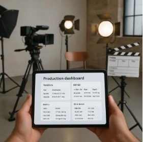 A clean, inviting image of a professional film set with a tablet in the foreground displaying a clear, organized production dashboard.