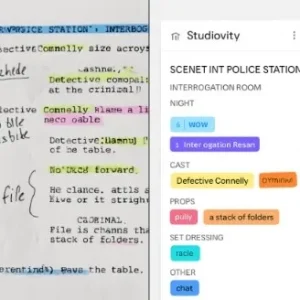 A split-screen visual showing a messy, hand-highlighted script page next to a clean, color-coded digital breakdown in Studiovity.
