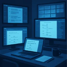 A futuristic digital workspace with various screenwriting software interfaces displayed on multiple screens