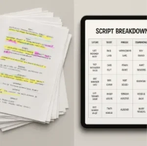 A side-by-side comparison of a messy stack of highlighted paper scripts versus a clean digital tablet interface showing an organized script breakdown.