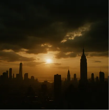 A cinematic opening scene with a dramatic cityscape