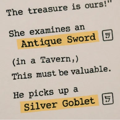 A close-up of a digital script where certain words like 'Antique Sword' are highlighted with icons showing they are added to a digital shopping list.