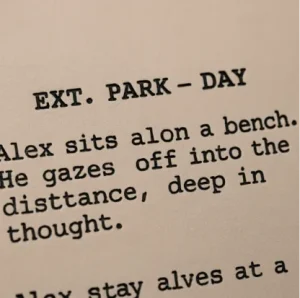 A close-up shot of a single scene from a script, highlighting a 'Slugline' in bold at the top.