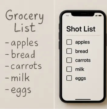 A side-by-side visual comparing a grocery list with a simple digital shot list to emphasize the 'organization' theme.
