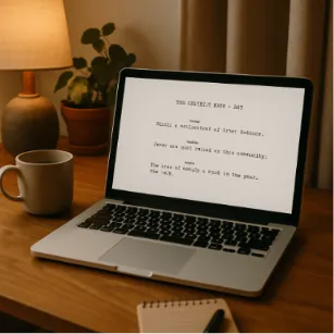 A cozy workspace with a laptop showing a professional screenplay layout with clean, wide margins and centered character names.
