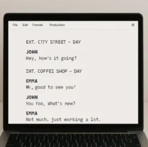 A clean, minimalist view of a professional script editor on a laptop screen showing dialogue and scene headings.
