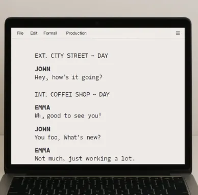 A clean, minimalist view of a professional script editor on a laptop screen showing dialogue and scene headings.