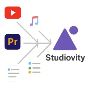 A simple infographic showing five scattered icons (representing different apps) merging into one Studiovity logo.
