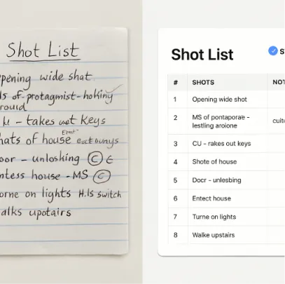 A side-by-side comparison of a cluttered handwritten note versus a clean, digital Studiovity shot list