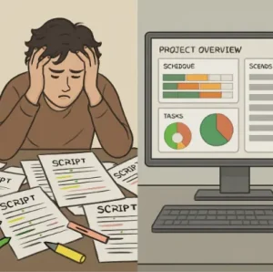 A person looking stressed at a desk covered in messy paper scripts and highlighters, contrasted with a clean, organized digital production dashboard.