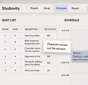A screenshot of the Studiovity interface showing a shot list item being dragged into a schedule slot.