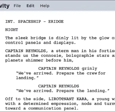 A clean screenshot of the Studiovity script editor showing a scene from a fictional sci-fi film to demonstrate professional formatting.