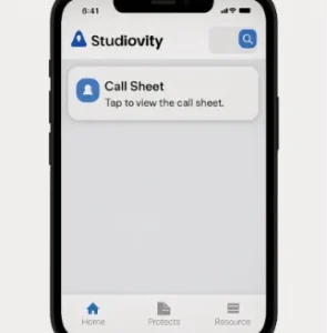 A mobile phone display showing the Studiovity app with a 'Call Sheet' notification.