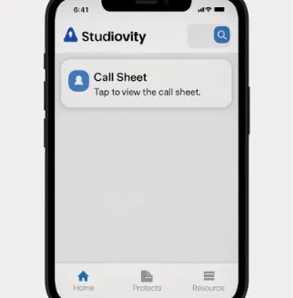 A mobile phone display showing the Studiovity app with a 'Call Sheet' notification.