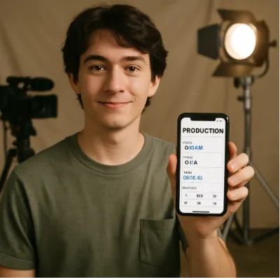 A student holding a smartphone on a simple film set, showing a production app on the screen.