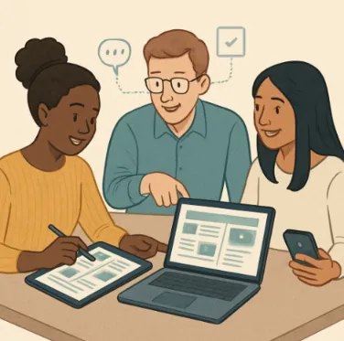 Three diverse people collaborating over a digital workspace on different devices (tablet, phone, laptop).
