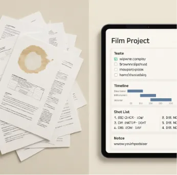 A split-screen style visual: one side shows a messy pile of loose papers and coffee stains, the other shows a clean, organized tablet screen with a film project dashboard.