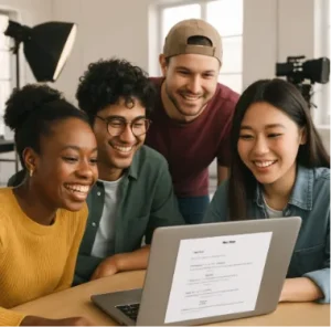 A diverse group of film students gathered around a laptop in a brightly lit studio, smiling and looking at a digital script.