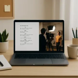 A clean, inviting workspace showing a laptop with a script on one side and a film set photo on the other, representing the bridge between ideas and reality.