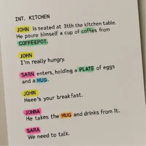 A clean, modern interface showing a script page with colorful highlights over character names and prop items.