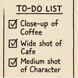 A simple illustration of a 'To-Do List' where the items are 'Close up of Coffee', 'Wide shot of Cafe', and 'Medium shot of Character'.