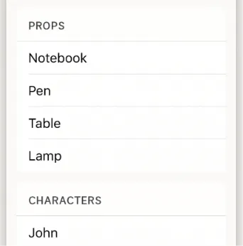 A simple mobile interface showing a 'Scene Breakdown' list automatically generated from a script page, highlighting props and characters.