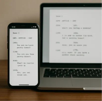 A smartphone and a laptop both showing the same script page, illustrating seamless synchronization.