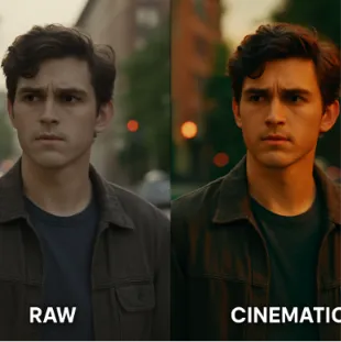 A split-screen visual showing a 'flat' RAW image on the left and a vibrant, color-graded 'cinematic' version on the right.