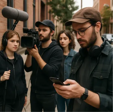 A small indie film crew on a city street location, with the producer checking a smartphone app.
