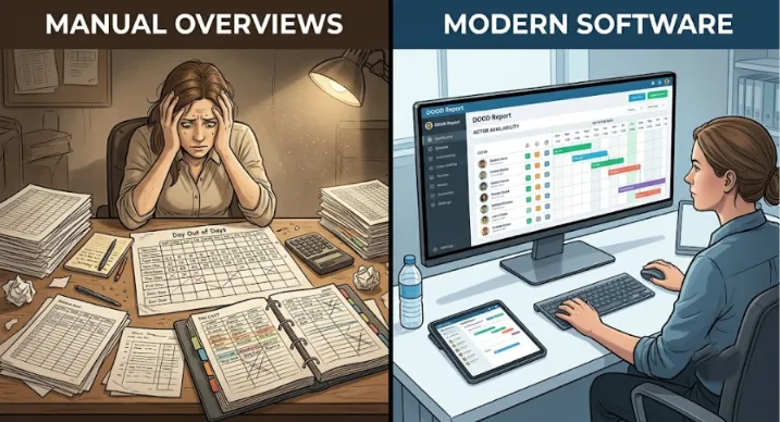 A split-screen graphic showing an optimized scheduling chart on the left linked to a budget panel on the right highlighting cost savings in film production.