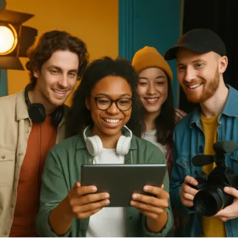 A diverse group of film students on a vibrant set, looking at a single tablet screen together instead of holding stacks of paper.