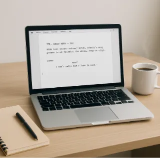 A clean, modern workspace featuring a laptop with a scriptwriting interface open, next to a notebook and a steaming cup of coffee.