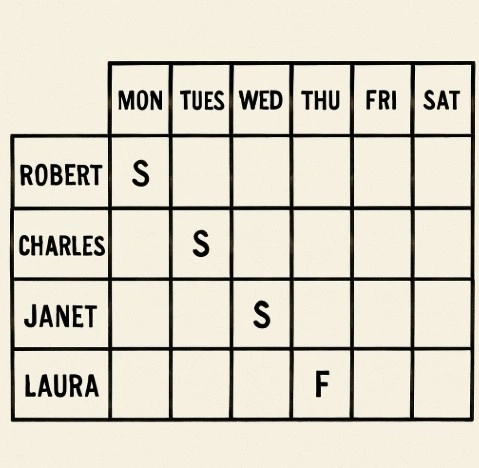 A simplified grid showing actor names on the left and days of the week on top, with 'S' for Start and 'F' for Finish in the cells.