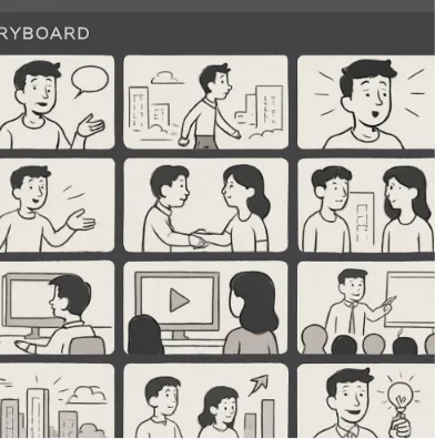 A digital interface showing a sequence of storyboard cards arranged in a narrative flow.