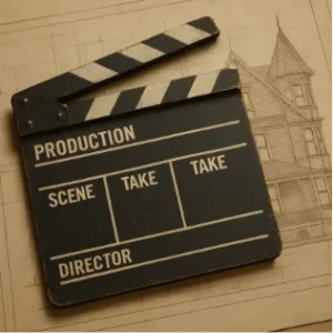 A vintage film clapperboard resting on a large, folded architectural blueprint of a Victorian house.