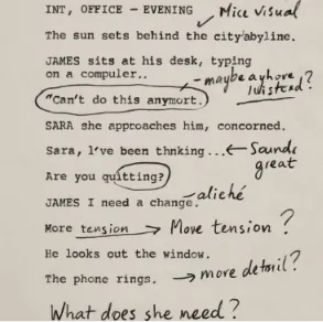 Image of a screenplay page with notes and annotations
