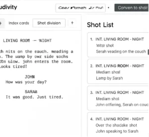 A clean screenshot of the Studiovity interface showing a script being converted into a list of shots.