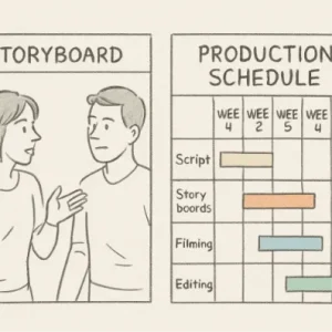 A simple storyboard panel showing a sketch of two people talking, paired with a clear, color-coded production schedule.