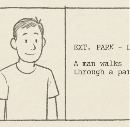 A storyboard frame showing a simple character sketch next to the corresponding script snippet in a split-screen view.