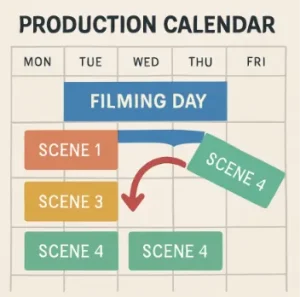 A digital production calendar showing color-coded blocks being moved to reorganize a filming day.