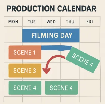 A digital production calendar showing color-coded blocks being moved to reorganize a filming day.