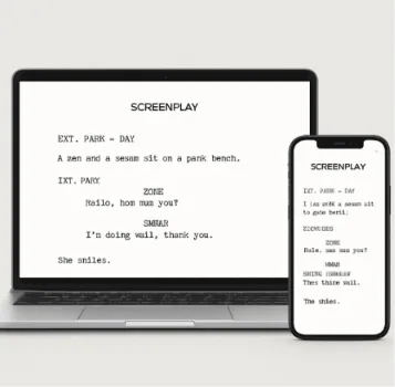 A clean, minimalist interface showing a screenplay page on both a laptop and a smartphone to illustrate cross-platform mobility.