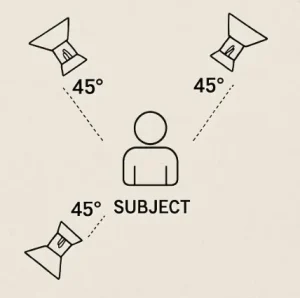 A bird's eye view diagram showing a subject in the center with three lights at 45-degree angles.