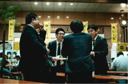 A scene showing characters in deep conversation with expressive gestures